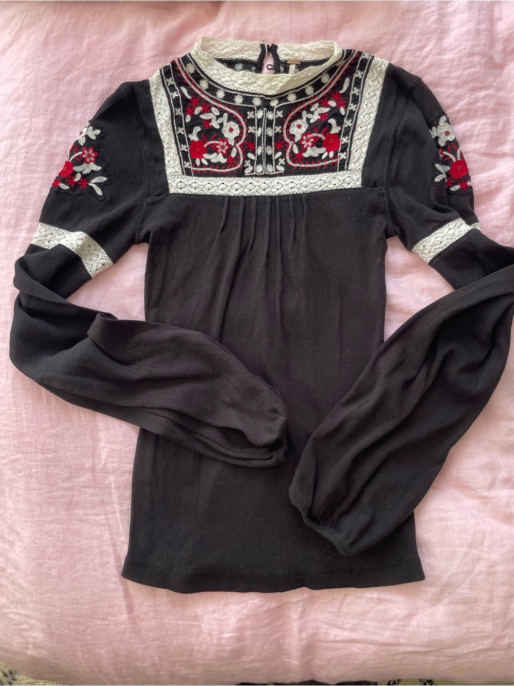 Free People Black Embroidered Floral Yoke Top with Cream Trim